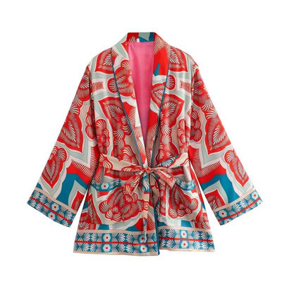 TRAFZA Ljetna šik odijela Ženska trendi print V-izrez dugi rukavi pojas + patentni zatvarač Široke hlače Ženski indie folk stilski kompleti