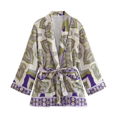 TRAFZA Ljetna šik odijela Ženska trendi print V-izrez dugi rukavi pojas + patentni zatvarač Široke hlače Ženski indie folk stilski kompleti