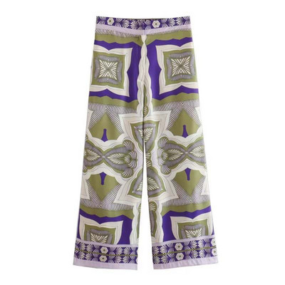 TRAFZA Ljetna šik odijela Ženska trendi print V-izrez dugi rukavi pojas + patentni zatvarač Široke hlače Ženski indie folk stilski kompleti