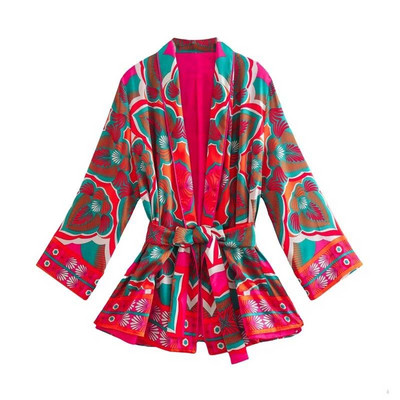 TRAFZA Ljetna šik odijela Ženska trendi print V-izrez dugi rukavi pojas + patentni zatvarač Široke hlače Ženski indie folk stilski kompleti