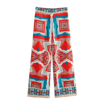 TRAFZA Ljetna šik odijela Ženska trendi print V-izrez dugi rukavi pojas + patentni zatvarač Široke hlače Ženski indie folk stilski kompleti