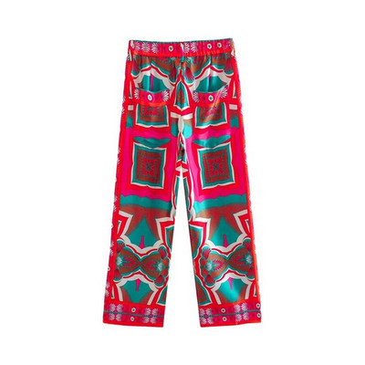 TRAFZA Ljetna šik odijela Ženska trendi print V-izrez dugi rukavi pojas + patentni zatvarač Široke hlače Ženski indie folk stilski kompleti