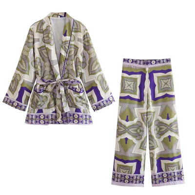 TRAFZA Ljetna šik odijela Ženska trendi print V-izrez dugi rukavi pojas + patentni zatvarač Široke hlače Ženski indie folk stilski kompleti