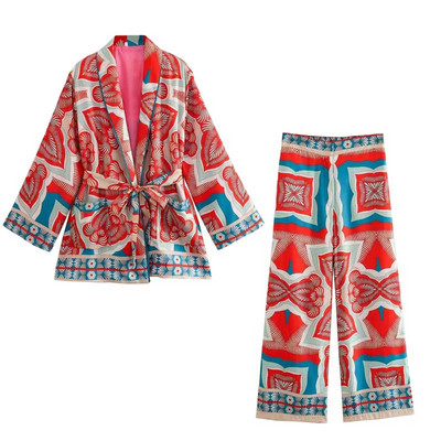 TRAFZA Ljetna šik odijela Ženska trendi print V-izrez dugi rukavi pojas + patentni zatvarač Široke hlače Ženski indie folk stilski kompleti