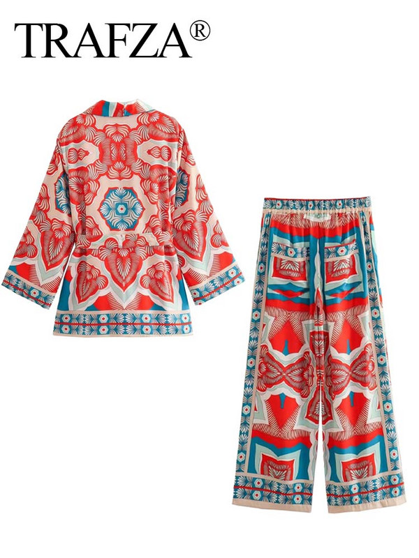 TRAFZA Ljetna šik odijela Ženska trendi print V-izrez dugi rukavi pojas + patentni zatvarač Široke hlače Ženski indie folk stilski kompleti