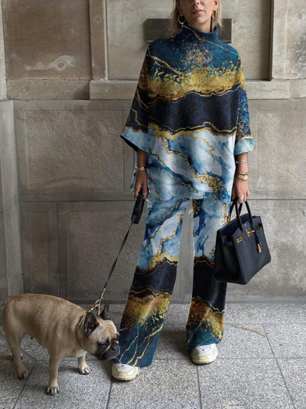 Dámske elegantné streetwear topy s polovičným golierom a širokými nohavicami, ležérne a zodpovedajúce oblečenie