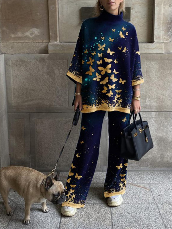 Dámske elegantné streetwear topy s polovičným golierom a širokými nohavicami, ležérne a zodpovedajúce oblečenie