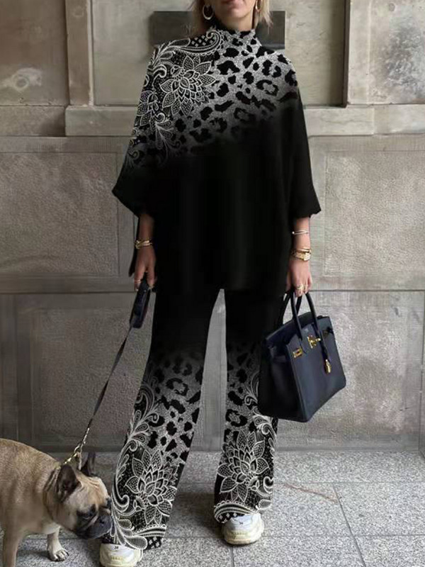 Dámske elegantné streetwear topy s polovičným golierom a širokými nohavicami, ležérne a zodpovedajúce oblečenie