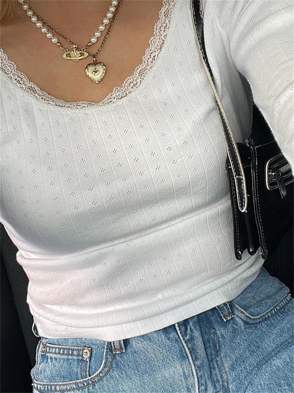 CHRONSTYLE Fairycore Vintage rebraste pletene majice dugih rukava Y2K slatke čipkaste bijele majice Chic Ženske jesen proljeće ležerne majice