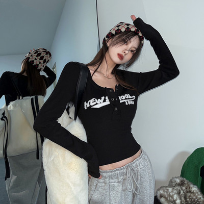 Tricou cu elastic cu imprimeu retro graffiti Tonngirls pentru femei, top crop subțire sexy, cu mânecă lungă cu nervuri, topuri cu decolteu în formă de grunge, tricou coreean