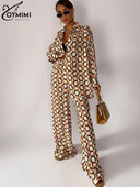 Oymimi Fashion Loose Print pükste komplektid naistele 2-osaline elegantne pikkade varrukatega särk kõrge vöökohaga laiade pükstega sobib Streetwea