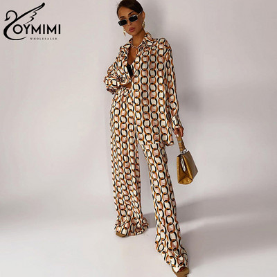 Oymimi Fashion Loose Print pükste komplektid naistele 2-osaline elegantne pikkade varrukatega särk kõrge vöökohaga laiade pükstega sobib Streetwea
