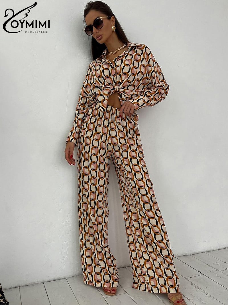 Oymimi Fashion Loose Print pükste komplektid naistele 2-osaline elegantne pikkade varrukatega särk kõrge vöökohaga laiade pükstega sobib Streetwea