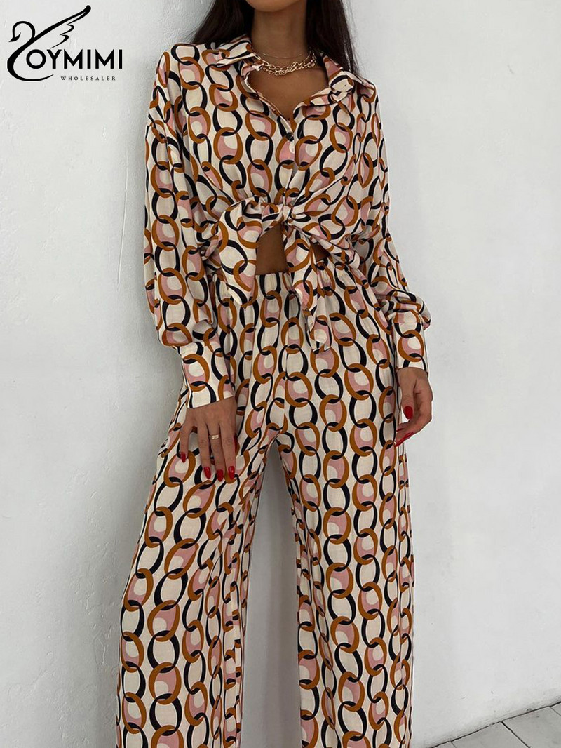 Oymimi Fashion Loose Print pükste komplektid naistele 2-osaline elegantne pikkade varrukatega särk kõrge vöökohaga laiade pükstega sobib Streetwea