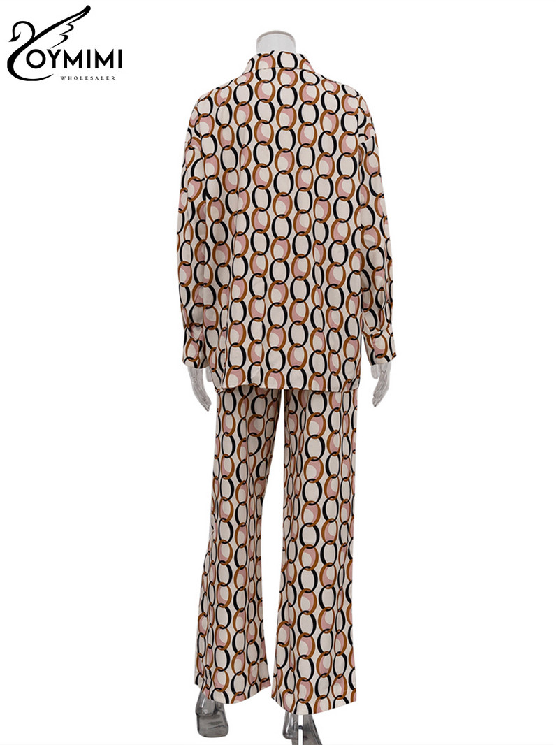 Oymimi Fashion Loose Print pükste komplektid naistele 2-osaline elegantne pikkade varrukatega särk kõrge vöökohaga laiade pükstega sobib Streetwea