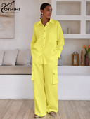 Oymimi Módna voľná žltá bavlnená dámska dvojdielna súprava, elegantná blúzka s dlhým rukávom a vysokým pásom, sada cargo nohavíc