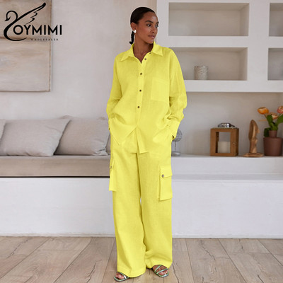 Oymimi Módna voľná žltá bavlnená dámska dvojdielna súprava, elegantná blúzka s dlhým rukávom a vysokým pásom, sada cargo nohavíc