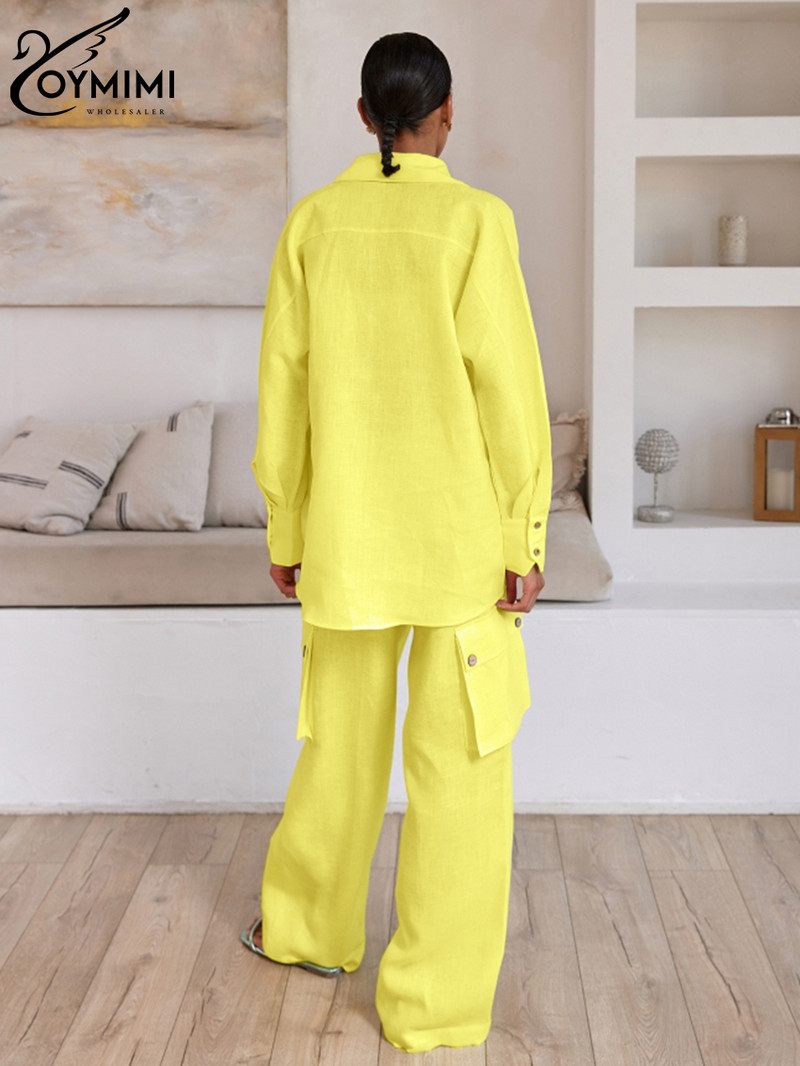 Oymimi Módna voľná žltá bavlnená dámska dvojdielna súprava, elegantná blúzka s dlhým rukávom a vysokým pásom, sada cargo nohavíc