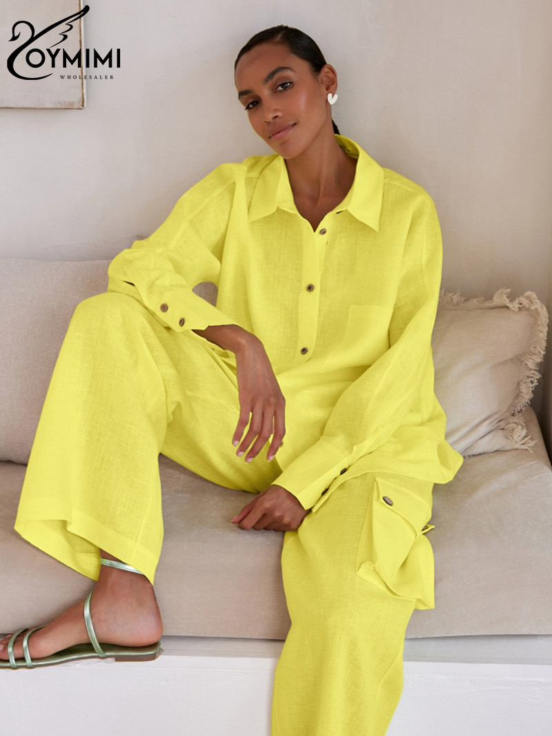 Oymimi Módna voľná žltá bavlnená dámska dvojdielna súprava, elegantná blúzka s dlhým rukávom a vysokým pásom, sada cargo nohavíc