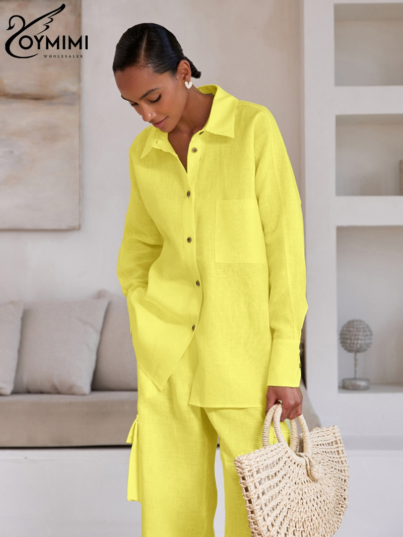 Oymimi Módna voľná žltá bavlnená dámska dvojdielna súprava, elegantná blúzka s dlhým rukávom a vysokým pásom, sada cargo nohavíc