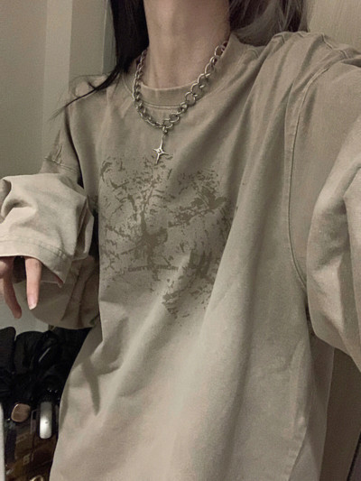 HOUZHOU Tricouri Harajuku kaki cu mânecă lungă pentru femei Y2k Vintage anii 90 Streetwear Tricouri grafice Oversize Topuri largi Hip Hop Kpop