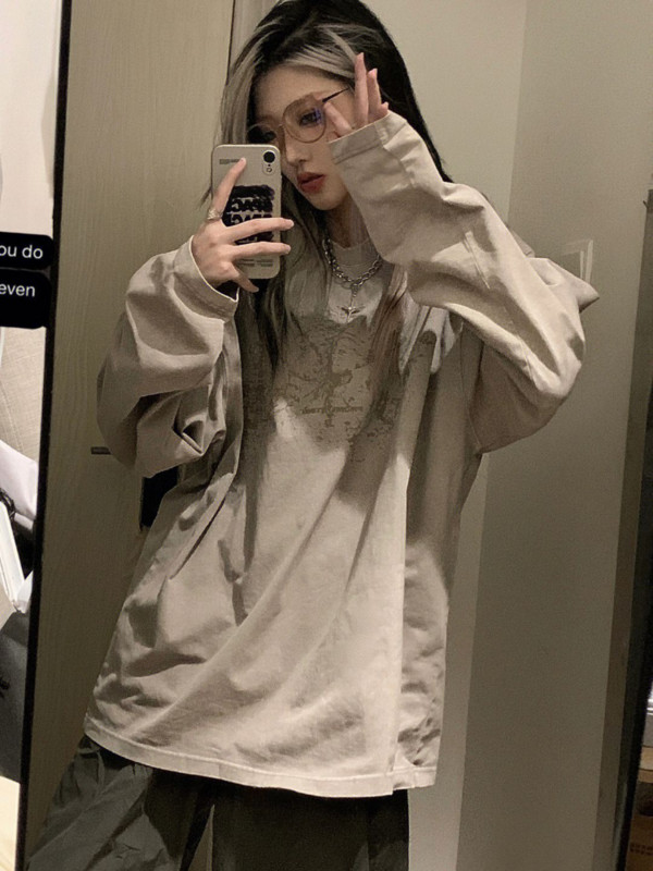 HOUZHOU Tricouri Harajuku kaki cu mânecă lungă pentru femei Y2k Vintage anii 90 Streetwear Tricouri grafice Oversize Topuri largi Hip Hop Kpop