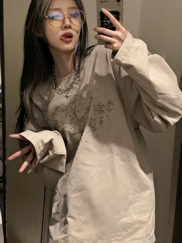 HOUZHOU Tricouri Harajuku kaki cu mânecă lungă pentru femei Y2k Vintage anii 90 Streetwear Tricouri grafice Oversize Topuri largi Hip Hop Kpop