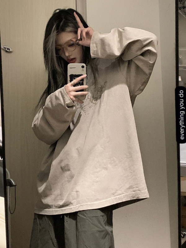 HOUZHOU Tricouri Harajuku kaki cu mânecă lungă pentru femei Y2k Vintage anii 90 Streetwear Tricouri grafice Oversize Topuri largi Hip Hop Kpop