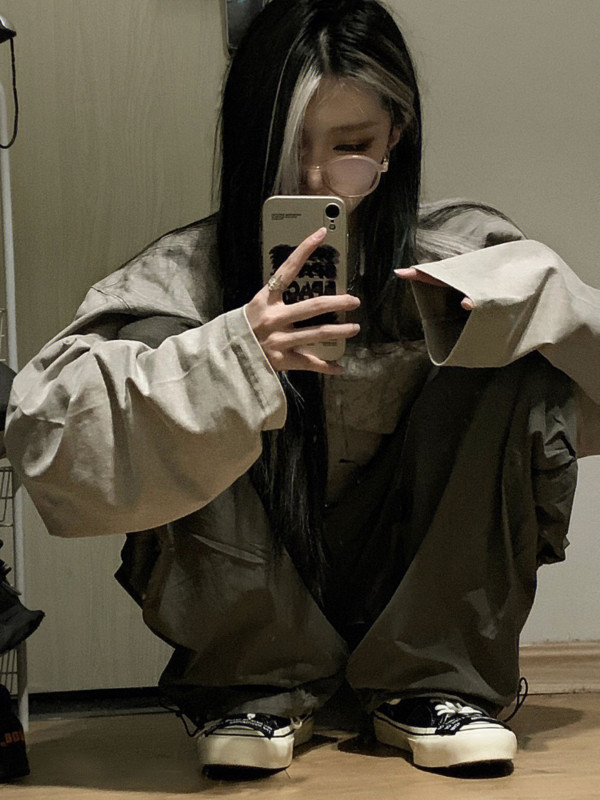 HOUZHOU Tricouri Harajuku kaki cu mânecă lungă pentru femei Y2k Vintage anii 90 Streetwear Tricouri grafice Oversize Topuri largi Hip Hop Kpop