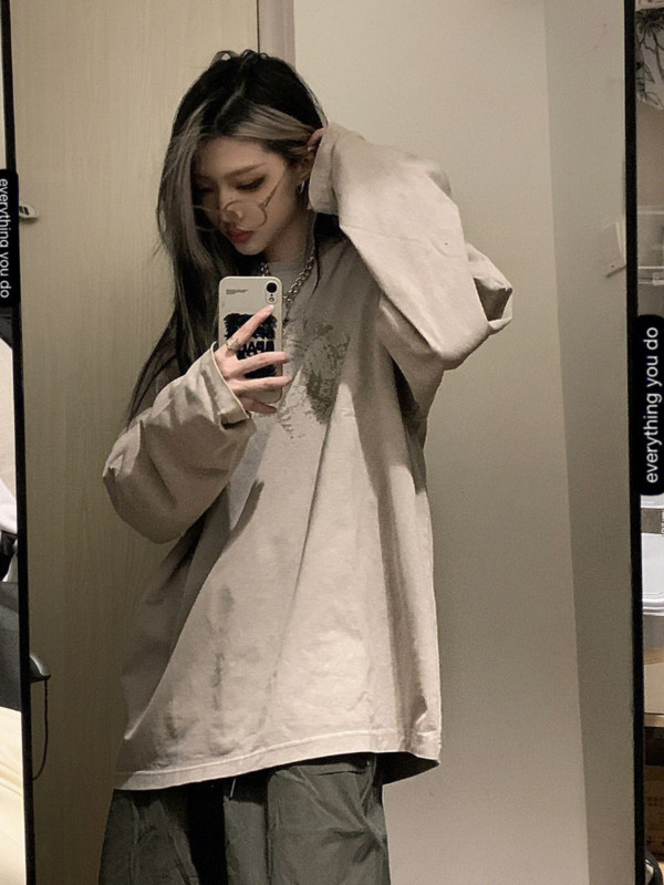 HOUZHOU Tricouri Harajuku kaki cu mânecă lungă pentru femei Y2k Vintage anii 90 Streetwear Tricouri grafice Oversize Topuri largi Hip Hop Kpop