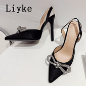 Liyke Veličina 35-42 Crne Bijele Ženske Visoke Potpetice Seksi Kristalne Bowknot Svilene Cipele Za Špice Špice Sandale Ženske Pumpice