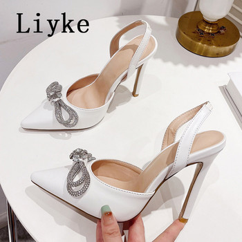 Liyke размер 35-42 черни бели обувки на висок ток, дамски секси обувки с копринени сандали с кристални панделки и остри пръсти Дамски обувки за парти