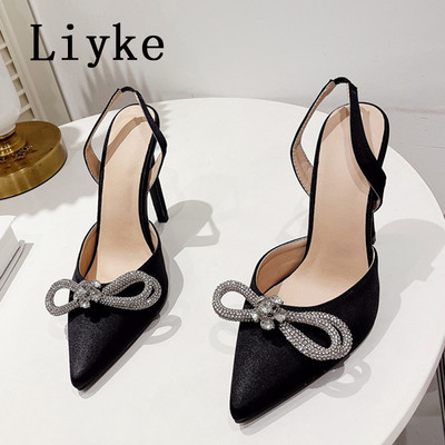 Liyke Veličina 35-42 Crne Bijele Ženske Visoke Potpetice Seksi Kristalne Bowknot Svilene Cipele Za Špice Špice Sandale Ženske Pumpice