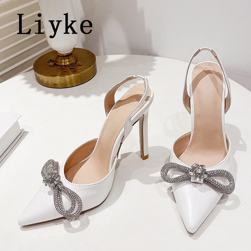 Liyke Veličina 35-42 Crne Bijele Ženske Visoke Potpetice Seksi Kristalne Bowknot Svilene Cipele Za Špice Špice Sandale Ženske Pumpice