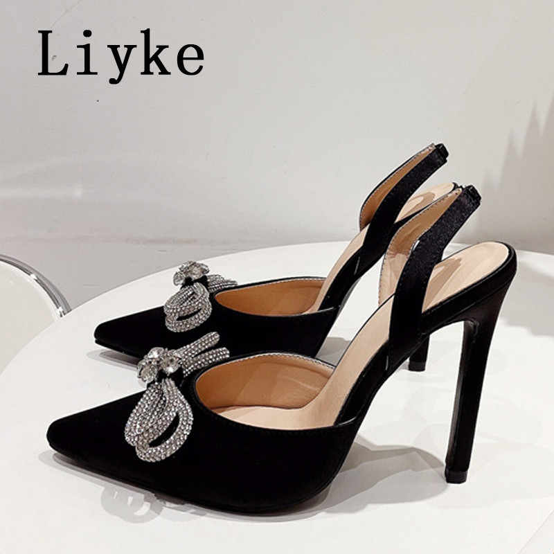 Liyke Veličina 35-42 Crne Bijele Ženske Visoke Potpetice Seksi Kristalne Bowknot Svilene Cipele Za Špice Špice Sandale Ženske Pumpice