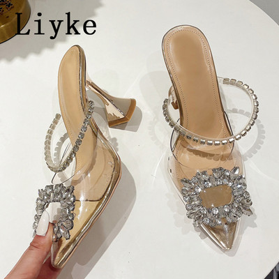 Liyke Summer Strange Style Toc Inalt Pompe Papuci Doamnelor Crystal Catarama Femei Mules Sliders Sandale transparente cu varf ascutit