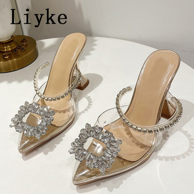 Liyke Summer Strange Style Toc Inalt Pompe Papuci Doamnelor Crystal Catarama Femei Mules Sliders Sandale transparente cu varf ascutit