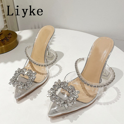 Liyke Summer Strange Style Toc Inalt Pompe Papuci Doamnelor Crystal Catarama Femei Mules Sliders Sandale transparente cu varf ascutit