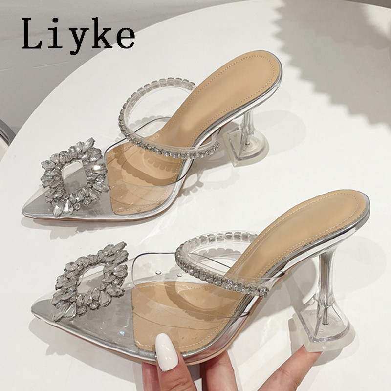 Liyke Ljeto Čudan stil Visoke pete Papuče Papuče Ženske kristalne kopče Ženske mule Klizači Prozirne sandale sa šiljatim prstima