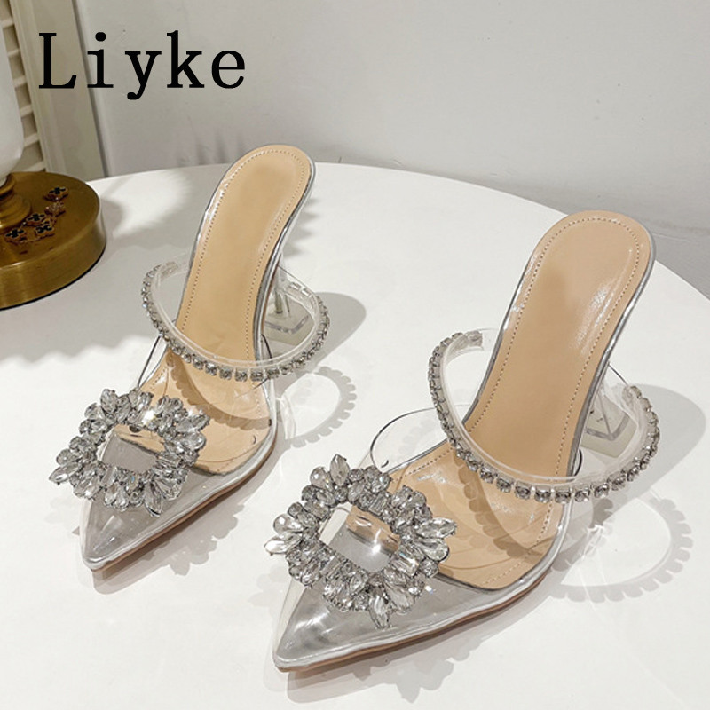 Liyke Ljeto Čudan stil Visoke pete Papuče Papuče Ženske kristalne kopče Ženske mule Klizači Prozirne sandale sa šiljatim prstima