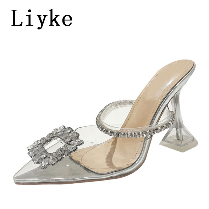 Liyke Ljeto Čudan stil Visoke pete Papuče Papuče Ženske kristalne kopče Ženske mule Klizači Prozirne sandale sa šiljatim prstima