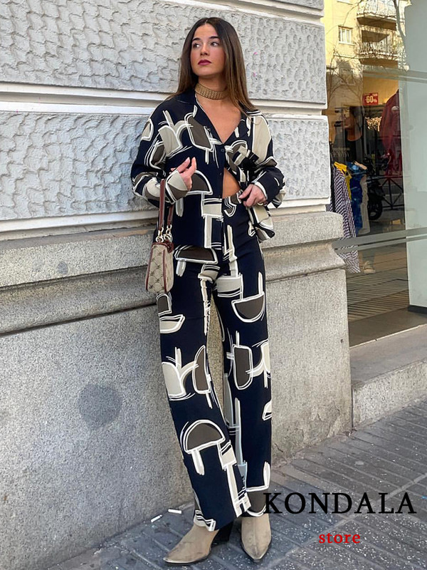 KONDALA Chic Vintage Chic Ležerna ženska odijela Modni set za ljetne praznike 2023. Ležerna košulja s dugmadima širokih nogavica, duge hlače