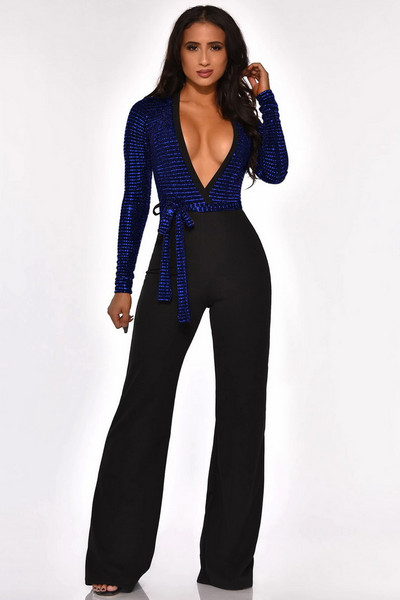 OKAYOASIS Sexy dámsky overal s dlhým rukávom a výstrihom do V, elegantný flitrovaný ležérny overal so širokými nohavicami, jeden kus, patchworkový párty overal