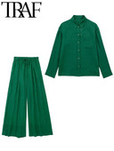 TRAF Letné módne dámske blúzky, obleky s vreckom vpredu s dlhým rukávom, gombíky, voľná košeľa, dámske nohavice so širokými nohavicami, 2 kusy, zelené ľanové
