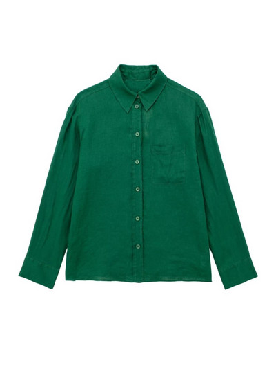 TRAF Letné módne dámske blúzky, obleky s vreckom vpredu s dlhým rukávom, gombíky, voľná košeľa, dámske nohavice so širokými nohavicami, 2 kusy, zelené ľanové