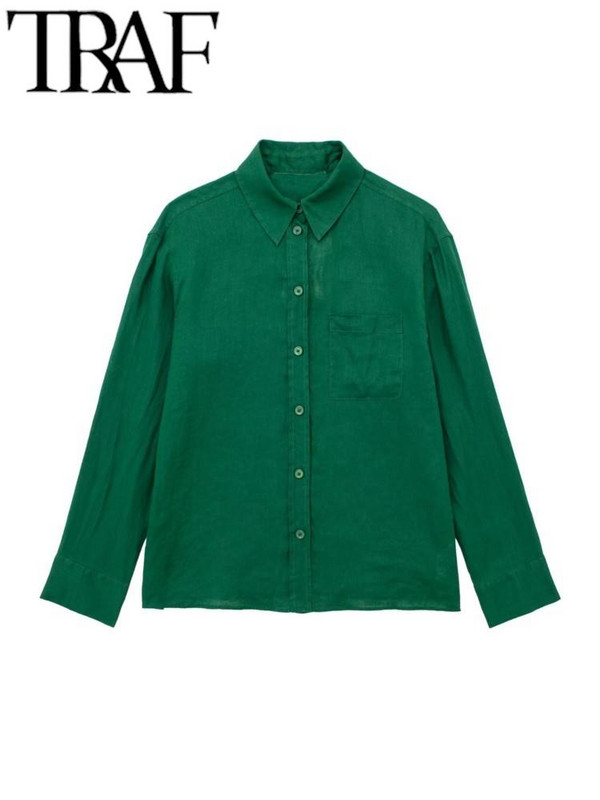 TRAF Letné módne dámske blúzky, obleky s vreckom vpredu s dlhým rukávom, gombíky, voľná košeľa, dámske nohavice so širokými nohavicami, 2 kusy, zelené ľanové