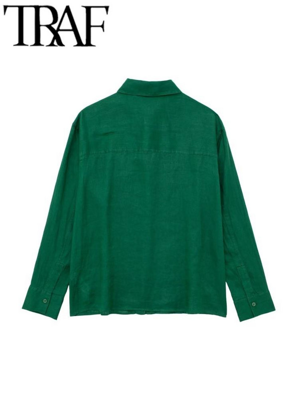 TRAF Letné módne dámske blúzky, obleky s vreckom vpredu s dlhým rukávom, gombíky, voľná košeľa, dámske nohavice so širokými nohavicami, 2 kusy, zelené ľanové