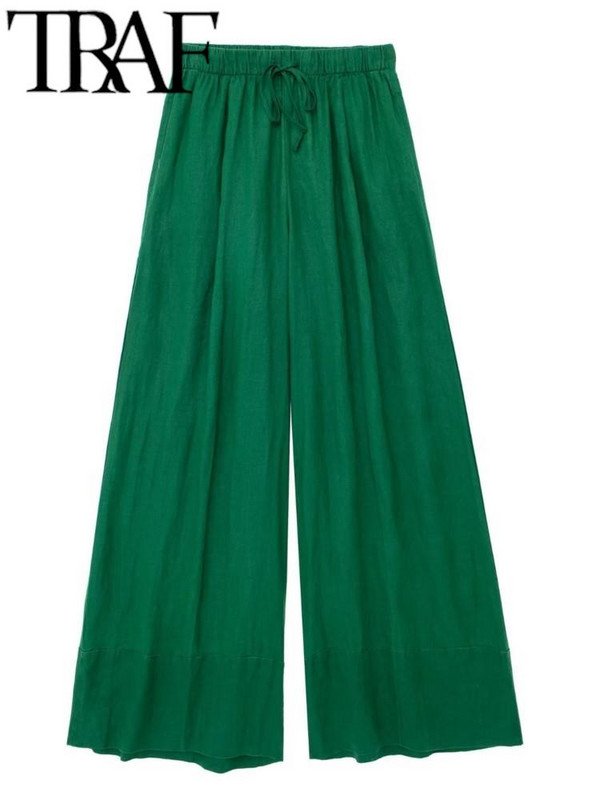 TRAF Letné módne dámske blúzky, obleky s vreckom vpredu s dlhým rukávom, gombíky, voľná košeľa, dámske nohavice so širokými nohavicami, 2 kusy, zelené ľanové