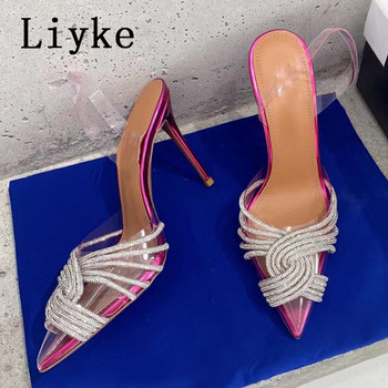 Liyke Runway Style Glitter Rhinestones Γυναικεία Pumps Slingback Σανδάλια Καλοκαιρινό PVC διαφανές λουράκι Ψηλοτάκουνα παπούτσια χορού