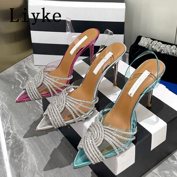 Liyke Runway Style Glitter Rhinestones Дамски помпи Slingback Sandals Летни PVC прозрачни каишки Високи токчета парти обувки за бала